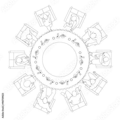 Outline of people sitting in restaurant on chairs at the round table from black lines isolated on white background. Restaurant interior. Top view. Vector illustration.
