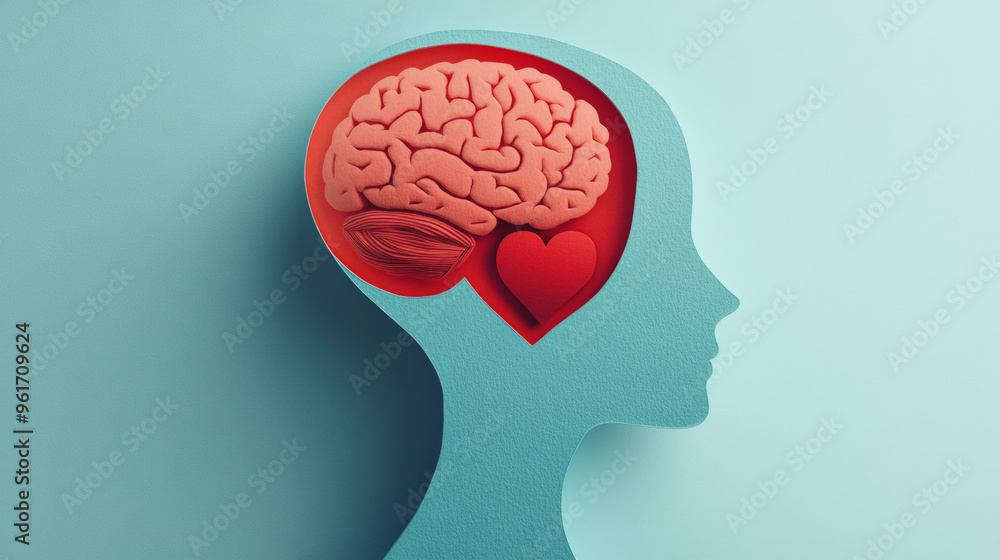 A simple, flat illustration depicting the silhouette outline of an adult human head. One side shows the brain and heart inside, in a paper-cut style on a pastel cyan background A simple, flat illustration depicting the silhouette outline of an adult human head. One side shows the brain and heart inside, in a paper-cut style on a pastel cyan background