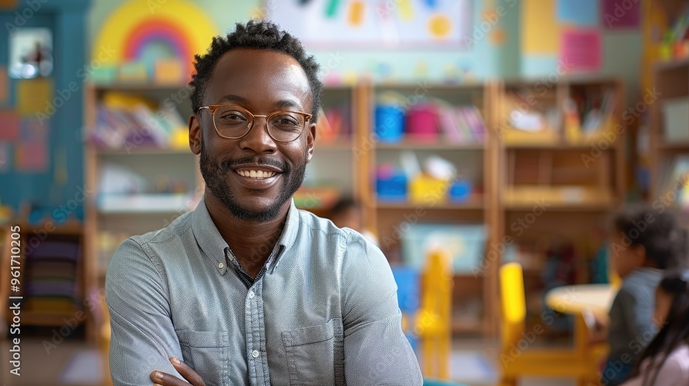 A dark skin kindergarten male teacher in a bright and cheerful classroom. Generative AI. A dark skin kindergarten male teacher in a bright and cheerful classroom. Generative AI.