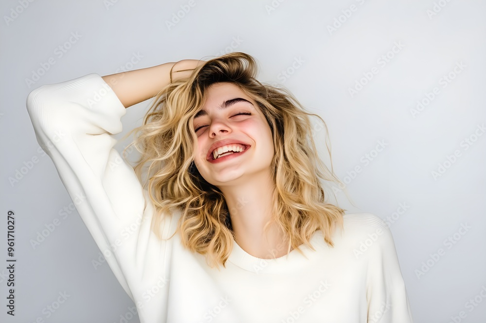 Cute Charming Beautiful Girl Wearing White Sweatshirt with Flowing Blonde Hair Isolated On White Background Cute Charming Beautiful Girl Wearing White Sweatshirt with Flowing Blonde Hair Isolated On White Background