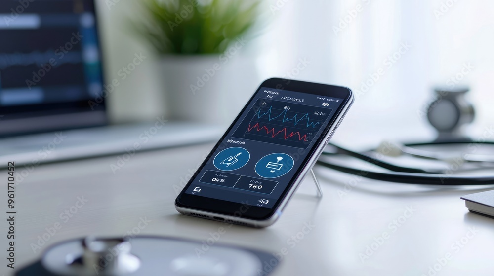 Smartphone showing health monitoring app on work desk with computer graph on screen in background Smartphone showing health monitoring app on work desk with computer graph on screen in background