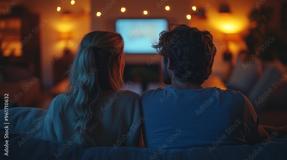 Cozy evening together watching a movie in a softly lit living room with a couple on a comfortable couch Cozy evening together watching a movie in a softly lit living room with a couple on a comfortable couch