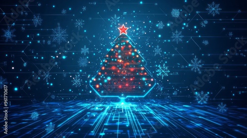 Beautiful Merry Christmas greeting card computer technology style. Christmas tree digital technology. Christmas poster template, Christmas cards digital technology style with details.