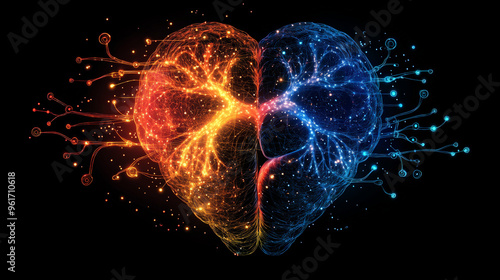 A frontal view illustration of a brain and heart connected by nerves, depicted as a vibrant circuit-like design.