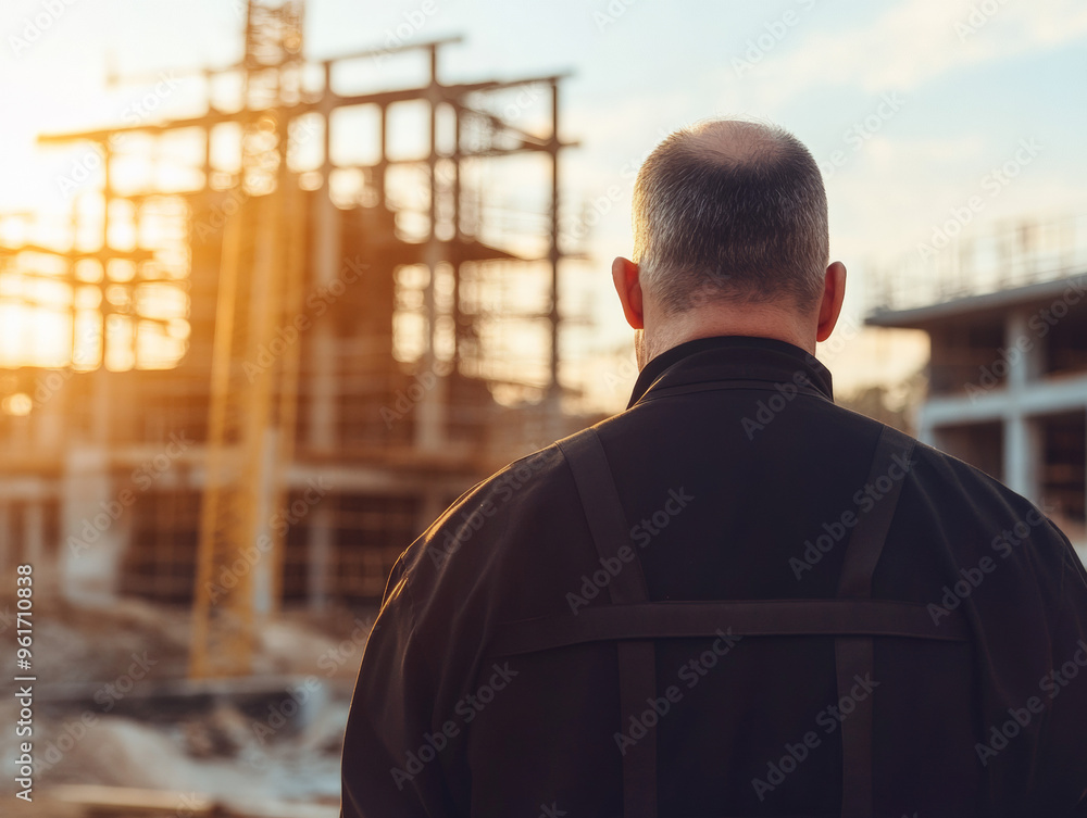 Catholic priest watching a cathedral building up Catholic priest watching a cathedral building up