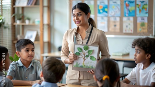 A classroom scene where an Indian teacher educates students about environmental issues, using posters and eco-friendly activities.