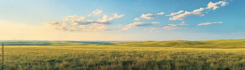 Obraz premium A vast, open prairie under a clear sky, with the gentle sway of grass in the breeze creating a calming effect