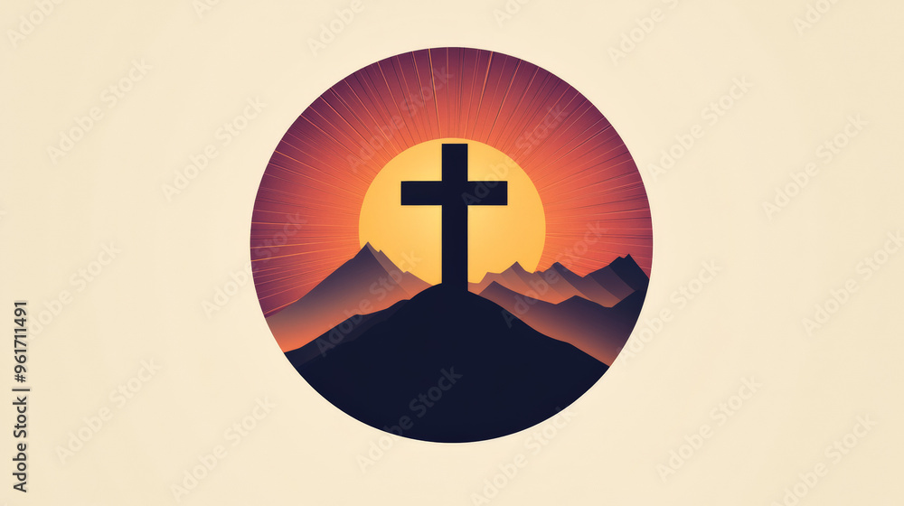 2d circular logo of a big cross that fades into a hill, sun rays emerge ...