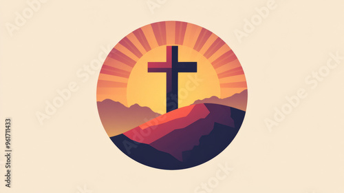 2d circular logo of a big cross that fades into a hill, sun rays emerge form the background