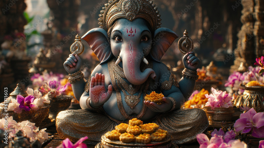 Depictions of the lively atmosphere during the festival, with devotees offering sweets like modaks to Lord Ganesha. Depictions of the lively atmosphere during the festival, with devotees offering sweets like modaks to Lord Ganesha.