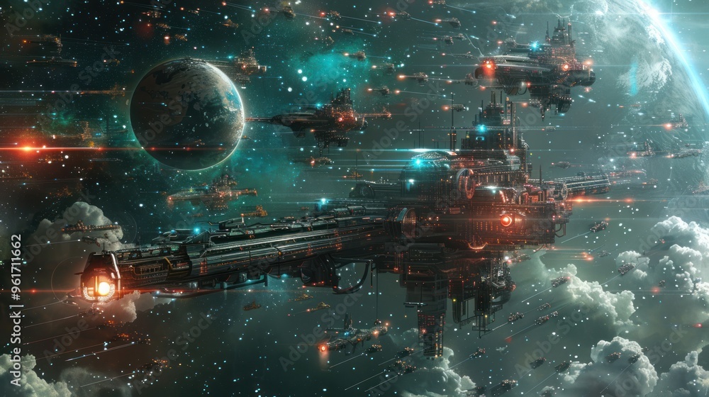 A futuristic spaceship flies through space with a planet and stars in the background. A futuristic spaceship flies through space with a planet and stars in the background.