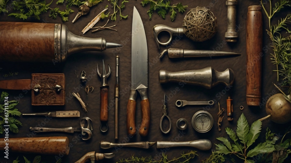 A collection of antique tools and instruments displayed on a rustic wooden surface surrounded by greenery in natural lighting
