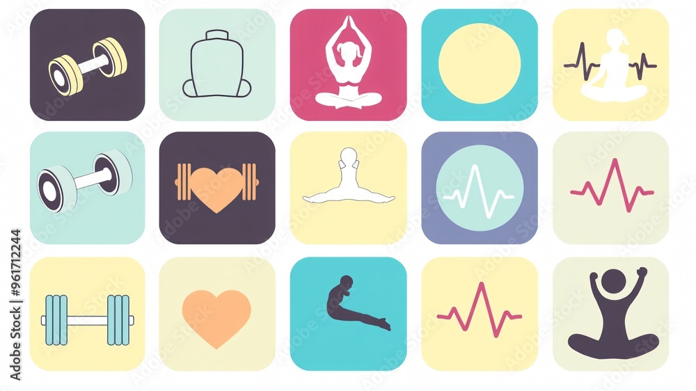 Colorful fitness and wellness icons representing diverse activities and health concepts for a balanced lifestyle Colorful fitness and wellness icons representing diverse activities and health concepts for a balanced lifestyle