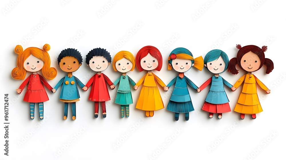 Fototapeta premium Bright papercut illustration of diverse children holding hands, featuring a plain white background.