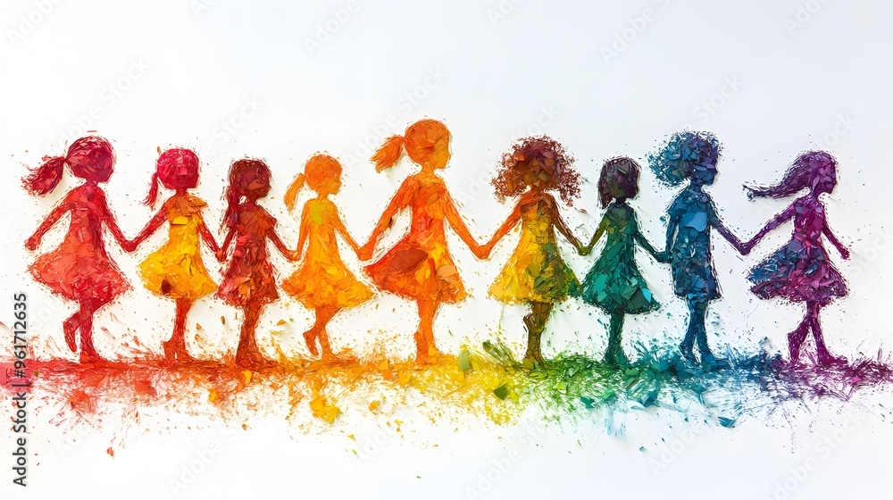 Colorful papercut effect of a diverse group of children holding hands, with a stark white backdrop. Colorful papercut effect of a diverse group of children holding hands, with a stark white backdrop.