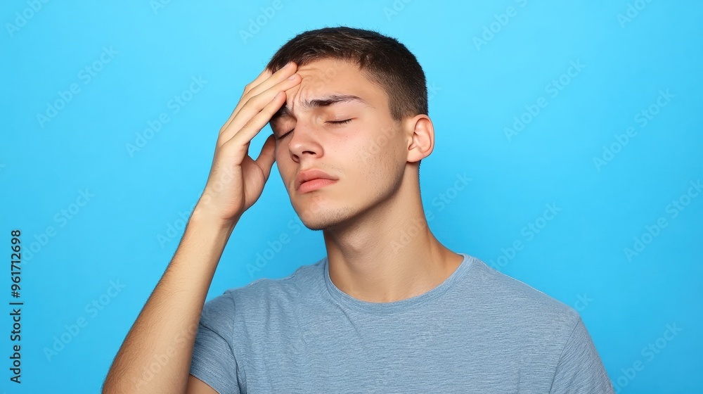 Portrait of a young man suffering from sinusitis, holding his forehead, with a pained expression, against a light blue background. Portrait of a young man suffering from sinusitis, holding his forehead, with a pained expression, against a light blue background.