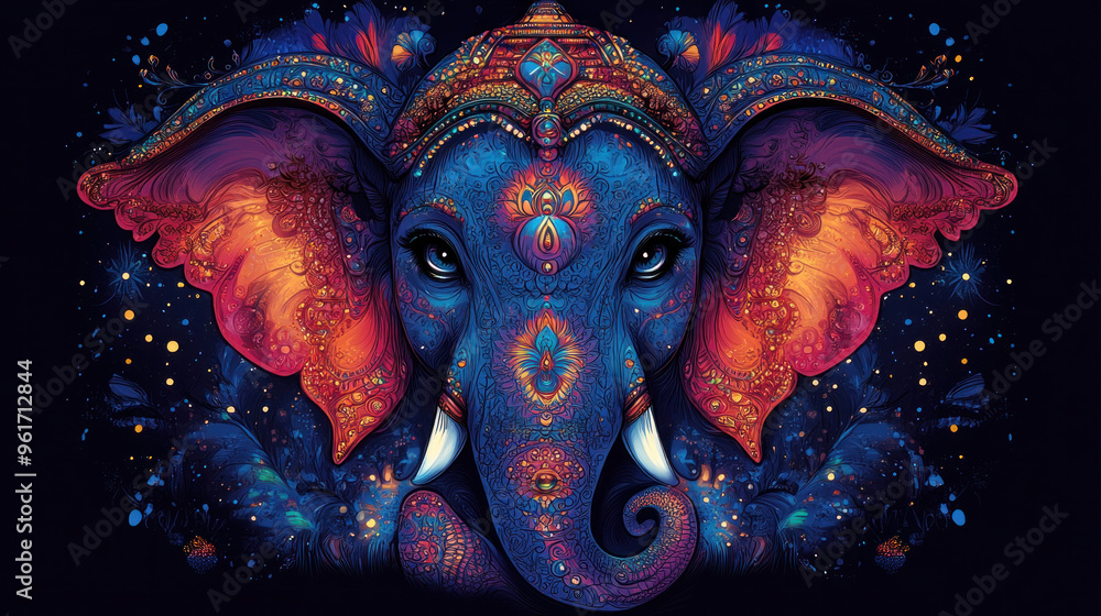 Obraz premium Illustrations of Ganesha with vibrant, bold colors, often used for greeting cards or festive banners.