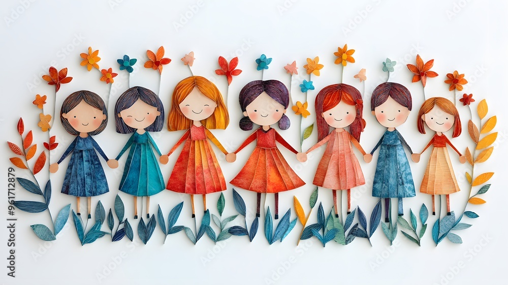 Fototapeta premium Papercut-style illustration of a varied group of children holding hands, set against a white background.