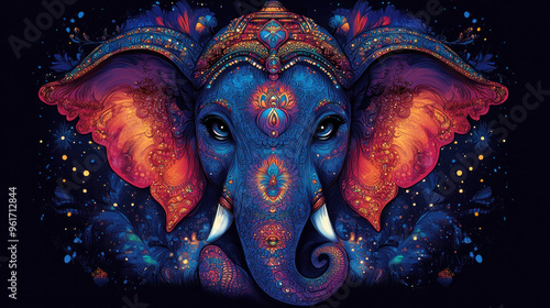 Illustrations of Ganesha with vibrant, bold colors, often used for greeting cards or festive banners. photo