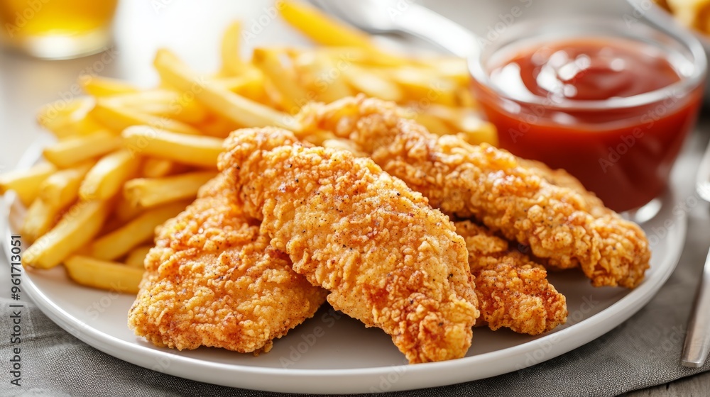 Fried Chicken Tenders on a White Plate with Fries for your background bussines, poster, wallpaper, banner, greeting cards, and advertising for business entities or brands Fried Chicken Tenders on a White Plate with Fries for your background bussines, poster, wallpaper, banner, greeting cards, and advertising for business entities or brands