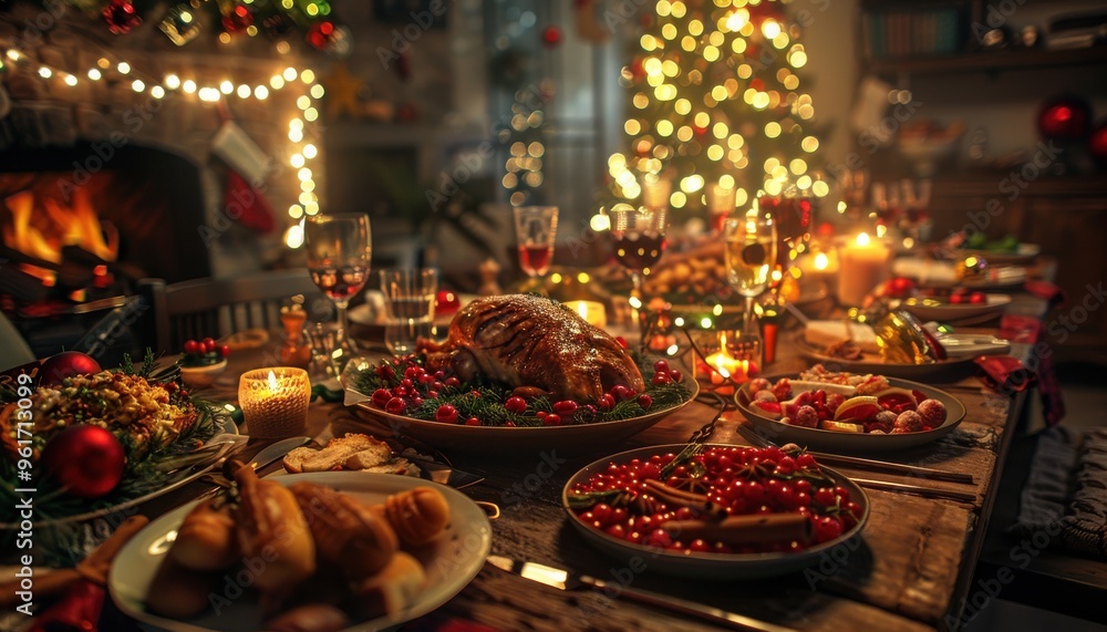 Festive Christmas dinner table adorned with a delicious feast, cozy fireplace, and a beautifully decorated Christmas tree in the background. Festive Christmas dinner table adorned with a delicious feast, cozy fireplace, and a beautifully decorated Christmas tree in the background.