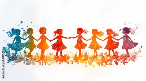 Vibrant papercut effect of kids holding hands in a circle, against a white background.