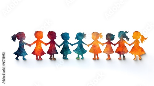 Vibrant papercut effect of kids holding hands in a circle, against a white background.