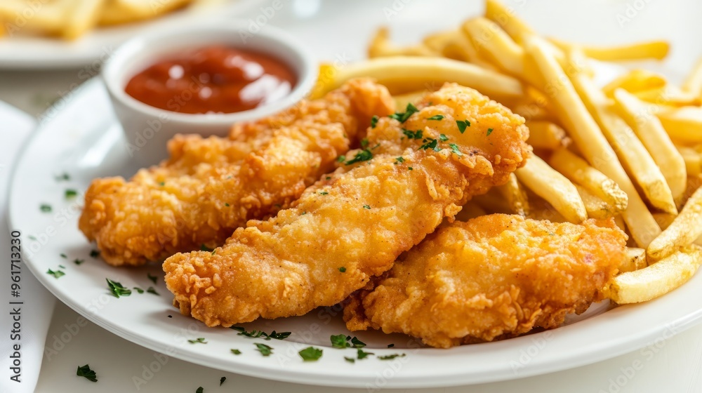 Fried Chicken Tenders on a White Plate with Fries for your background bussines, poster, wallpaper, banner, greeting cards, and advertising for business entities or brands Fried Chicken Tenders on a White Plate with Fries for your background bussines, poster, wallpaper, banner, greeting cards, and advertising for business entities or brands