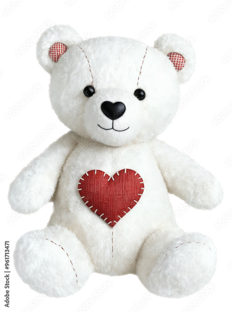 White teddy bear with red heart embroidery on chest on transparent background White teddy bear with red heart embroidery on chest on transparent background