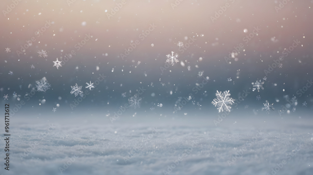 Gentle snowfall blankets a serene landscape at dusk, creating a tranquil winter wonderland in soft pastel colors Gentle snowfall blankets a serene landscape at dusk, creating a tranquil winter wonderland in soft pastel colors