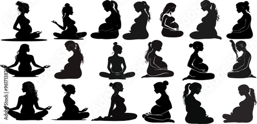 a collection of silhouettes of pregnant women positioning their bodies