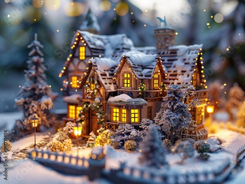 Cozy snow-covered house with festive lights and surrounding pine trees in a winter wonderland, evoking a magical holiday atmosphere.