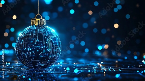 Beautiful Merry Christmas greeting card computer technology style. Christmas ball digital technology. Christmas poster template, Christmas cards digital technology style with details in blue color.