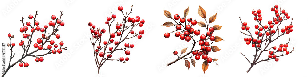 Winterberry - Shrub with bright red berries that persist through winter providing food for birds. Isolated on Clear White Background Highly Detailed Winterberry - Shrub with bright red berries that persist through winter providing food for birds. Isolated on Clear White Background Highly Detailed