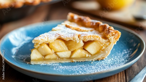 German classic apple pie served on a rustic blue plate, perfect dessert for fall and apple picking season