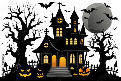 Halloween house vector illustration, Halloween house silhouette photo