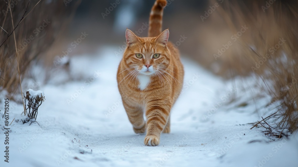 ginger cat walk in snowy field ginger cat walk in snowy field