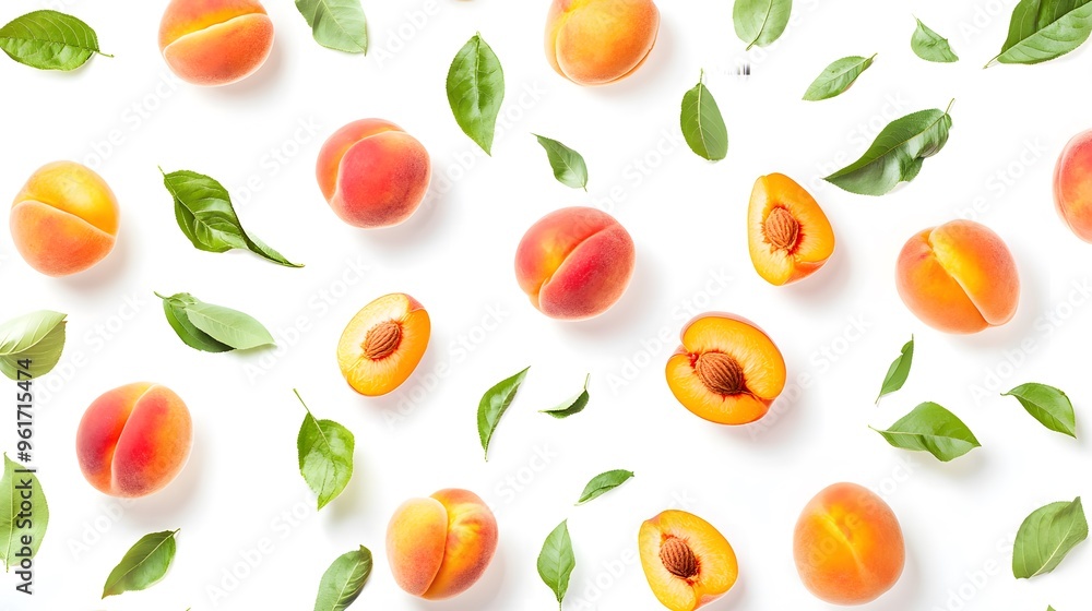 A dynamic flat lay composition of falling peaches and leaves. Making it perfect for promoting healthy eating, organic farming, or summer-themed advertising campaigns A dynamic flat lay composition of falling peaches and leaves. Making it perfect for promoting healthy eating, organic farming, or summer-themed advertising campaigns