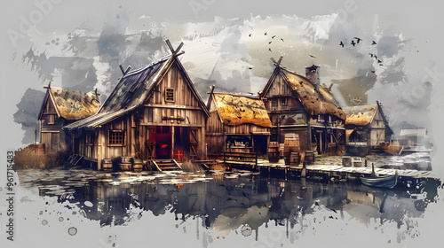 Smithy Viking Buildings Watercolor  photo