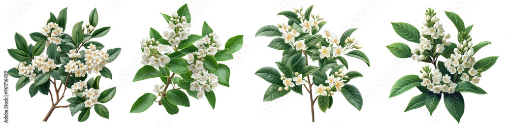 Fototapeta premium Myrtle - Evergreen shrub with small fragrant white flowers and dark glossy leaves. Isolated on Clear White Background Highly Detailed