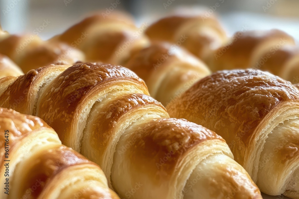 A close-up macro image of golden, flaky crescent rolls, showing detailed layers and texture of the baked pastry. A close-up macro image of golden, flaky crescent rolls, showing detailed layers and texture of the baked pastry.