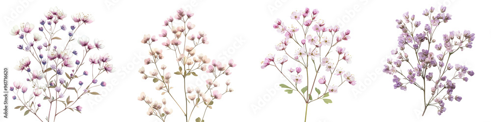 Meadow Rue - Tall airy plants with clusters of small delicate flowers in shades of white pink or purple. Isolated on Clear White Background Highly Detailed Meadow Rue - Tall airy plants with clusters of small delicate flowers in shades of white pink or purple. Isolated on Clear White Background Highly Detailed