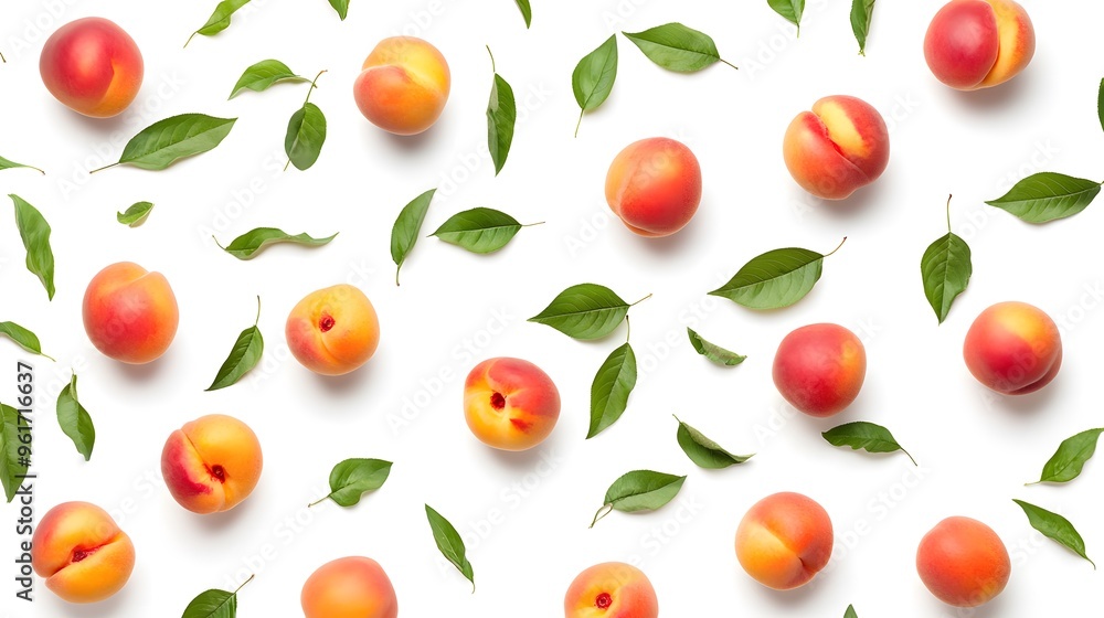 A dynamic flat lay composition of falling peaches and leaves. Making it perfect for promoting healthy eating, organic farming, or summer-themed advertising campaigns A dynamic flat lay composition of falling peaches and leaves. Making it perfect for promoting healthy eating, organic farming, or summer-themed advertising campaigns