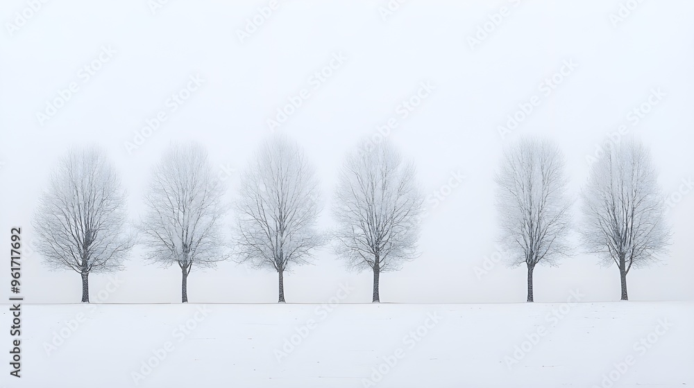 A tranquil winter scene with bare trees covered in a light dusting of snow, set against a soft, overcast sky. A tranquil winter scene with bare trees covered in a light dusting of snow, set against a soft, overcast sky.