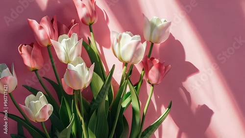 Pink and white tulips against a pink background