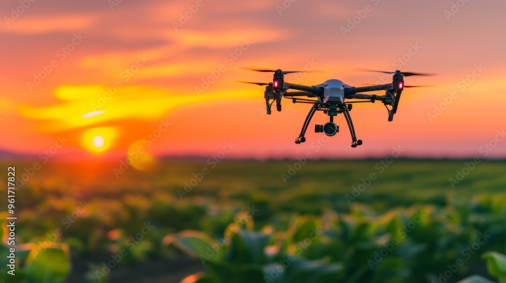 A drone is captured flying over a lush green field during a vibrant sunset, showcasing the integration of technology in monitoring and managing agricultural landscapes. The warm colors of the sunset A drone is captured flying over a lush green field during a vibrant sunset, showcasing the integration of technology in monitoring and managing agricultural landscapes. The warm colors of the sunset