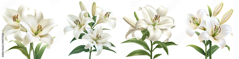 Fototapeta premium Easter Lily - Large fragrant white trumpet-shaped flowers Isolated on Clear White Background Highly Detailed 