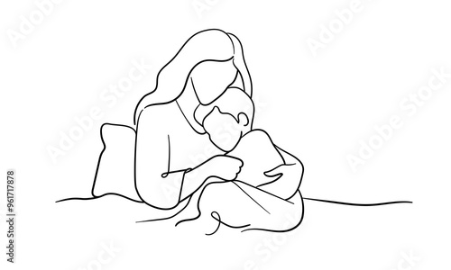 Mother hugs child continuous line art drawing isolated on white background. Mom and son. Vector illustration	
