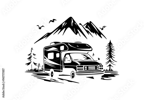 Flat design of motorhome campervan vector in black and white perfect for apps, website, logo or sign 