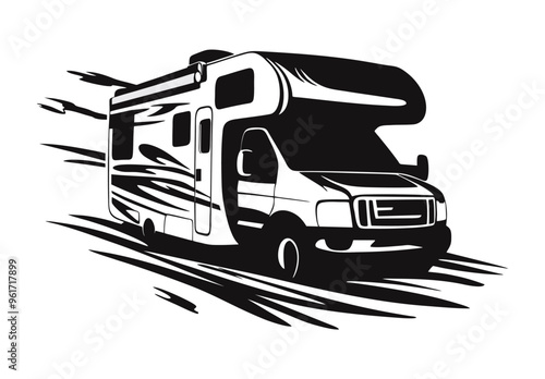 Flat design of motorhome campervan vector in black and white perfect for apps, website, logo or sign 